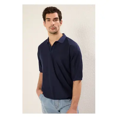 Trendyol Navy Blue Oversize/Wide Textured Cut Polo Neck T-shirt