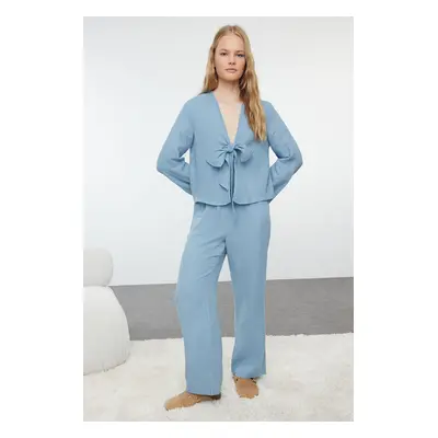 Trendyol Blue 100% Cotton Solid Tie Detail Muslin Woven Pajama Set