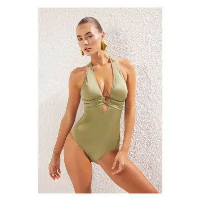 Trendyol Khaki Deep V Neck Accessory Swimsuit