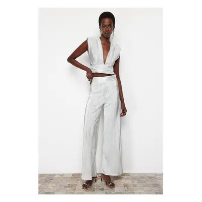 Trendyol Silver Wide Leg Pleated Woven Trousers