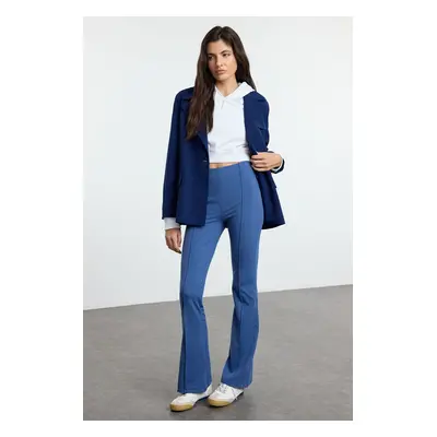 Trendyol Indigo Ribbed Detail High Waist Flare Soft Touch Trousers