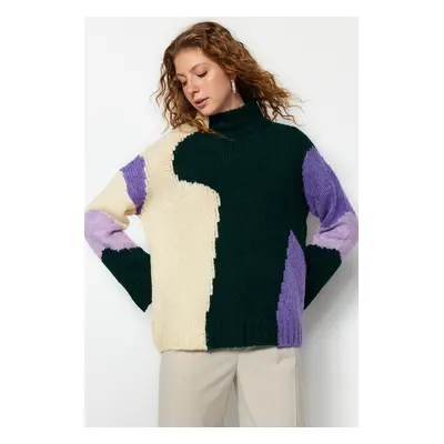 Trendyol Emerald Green Soft Textured Color Block Wide Fit Knitwear Sweater