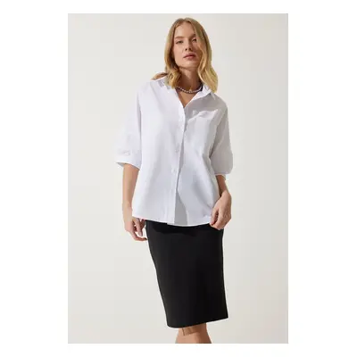 Happiness İstanbul Women's White Balloon Sleeve Poplin Shirt