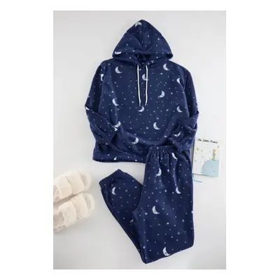 Trendyol Curve Navy Blue Hooded Galaxy Patterned Fleece Knitted Pajama Set