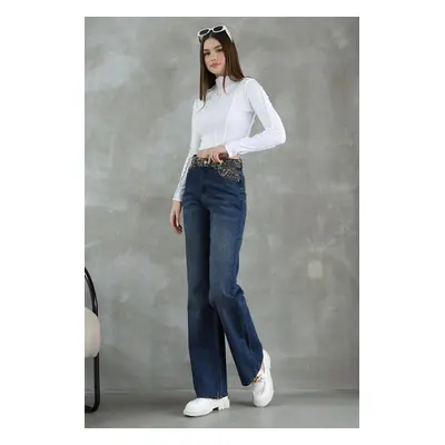 Trendyol Dark Blue Leopard Pocket Detailed High Waist Straight Jeans