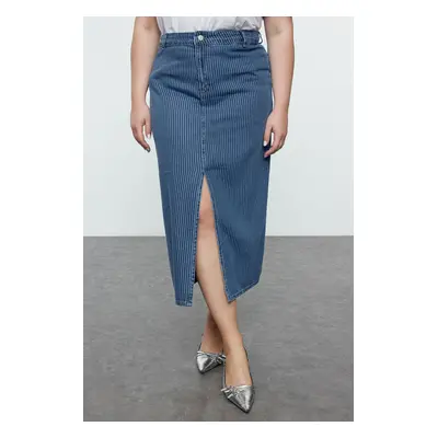 Trendyol Curve Blue Striped Slit Long Denim Plus Size Skirt