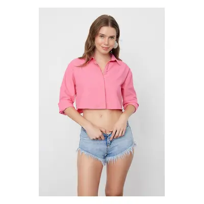 Trendyol Pink Crop Woven Backless Linen Look Shirt