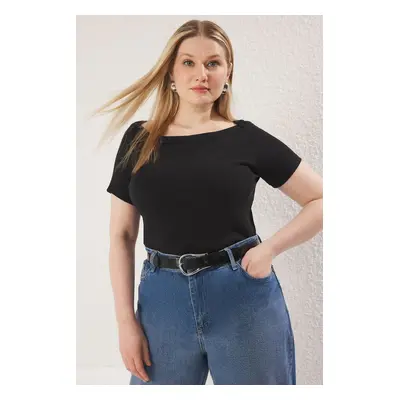 Trendyol Curve Black Fitted Boat Neck Corduroy Camisole Knitted Plus Size Blouse