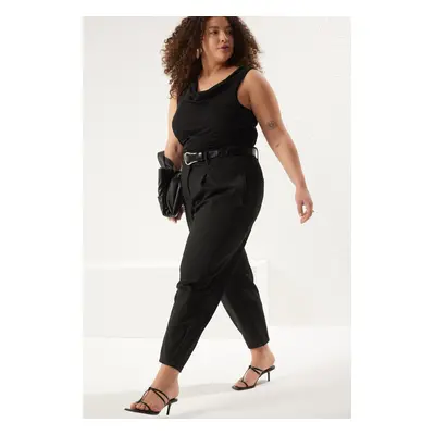 Trendyol Curve Black Pleated Wide Cut High Waist Carrot Fit Interlock Knit Plus Size Trousers