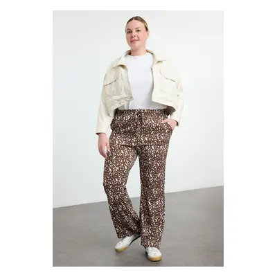 Trendyol Curve Brown Patterned Wide Leg Crepe Knitted Plus Size Trousers