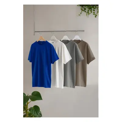 Trendyol Blue-Grey-Mink-Ecru Slim/Slim Cut 4-Pack Basic 100% Cotton T-Shirt