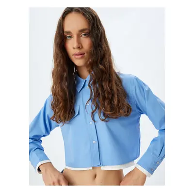 Koton Crop Poplin Shirt Classic Collar Button-Down Color Block Pocket Detail