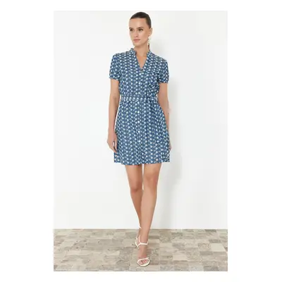 Trendyol Blue Belted Three Quarter Sleeve Mini Shirt Midi Woven Dress