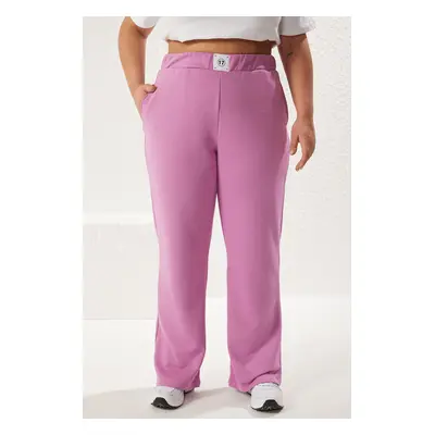 Trendyol Curve Lilac Wide Leg High Waist Label Detailed Knit Plus Size Sweatpants