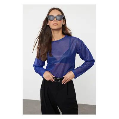 Trendyol Saks Lurex Crew Neck Regular/Normal Fit Transparent Tulle Knitted Blouse