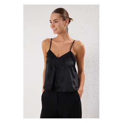 Trendyol Black Plain V Lace Detailed Collar Strap Woven Satin Chic/Night Blouse