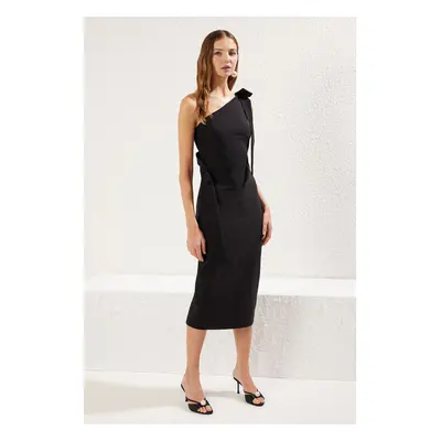 Trendyol Black Body-Styling Bow Detail One Shoulder Woven Dress