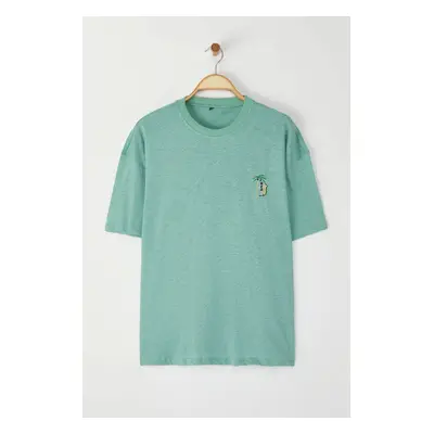 Trendyol Mint Oversize/Wide Cut Palm Embroidered 100% Cotton T-Shirt