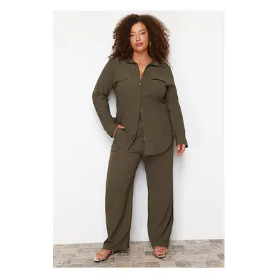 Trendyol Curve Khaki Textured Buttoned Woven Shirt-Pants Plus Size Bottom-Top Set