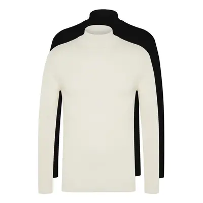 Trendyol Black-Ecru Slim Fit Cotton Half Turtleneck Elastic Knit 2-Pack Knitwear Sweater