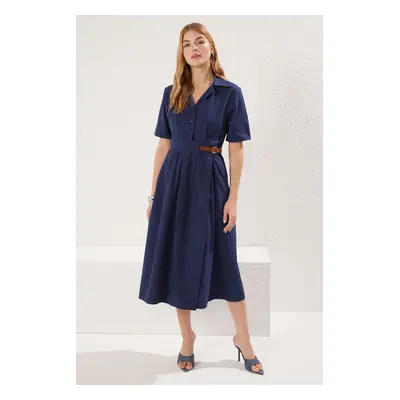 Trendyol Navy Blue A-Line Pleated and Belt Detailed Poplin Midi Woven Dress