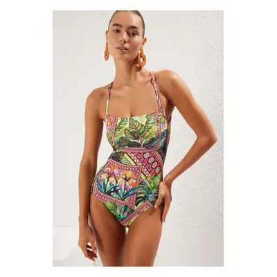 Trendyol Multicolored Floral Patterned Square Neck Backless Regular Swimsuit