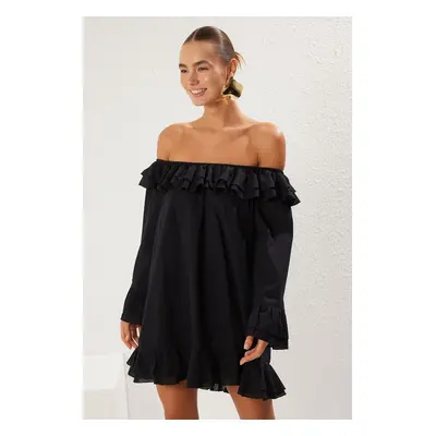 Trendyol Black Mini Woven Carmen Collar Ruffle Flamed Cotton Beach Dress