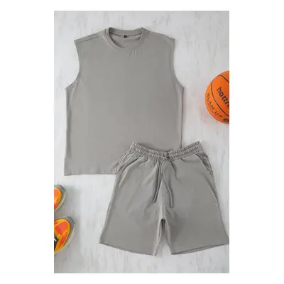 Trendyol Grey 2-Piece Oversize/Wide Cut Tank Top-Shorts 100% Cotton Tracksuit Set