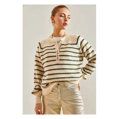 Bianco Lucci Women's Charmed Striped Button Knitwear Sweater