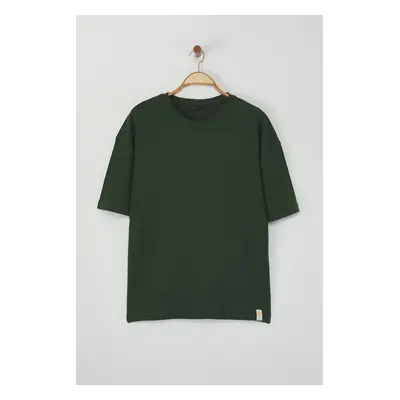 Trendyol Limited Edition Khaki Oversize/Wide Cut Label Embroidered Textured T-shirt with Solid F