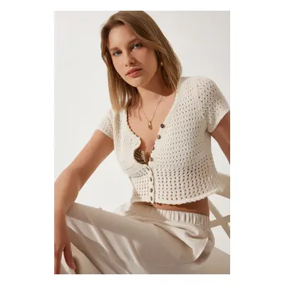 Happiness İstanbul Women's Cream Openwork Crop Knitwear Cardigan