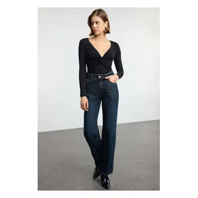 Trendyol Black Gathered/Drape Detailed Fitted/Body-Smoothing Long Sleeve Flexible Knitted Blouse