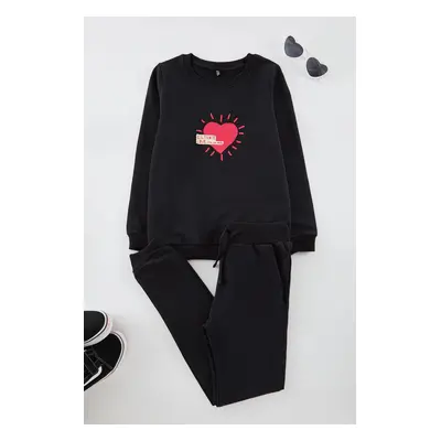 Trendyol Black Girl Heart Printed Knitted Bottom-Top Set