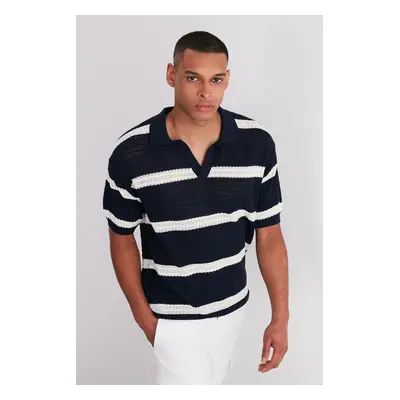 Trendyol Limited Edition Navy Blue Regular Fit Cotton Striped Knitwear Polo Neck T-Shirt