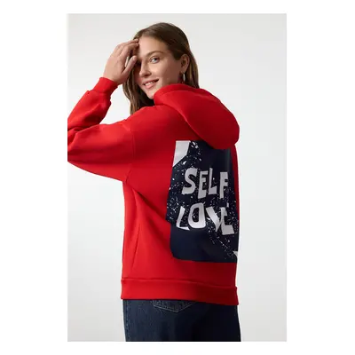 Trendyol Red Back Print Detailed Oversize/Wide Fit Thick Inside Fleece Knitted Sweatshirt