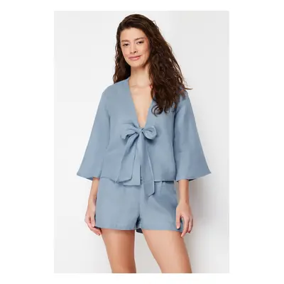 Trendyol Blue 100% Cotton Tie/Ribbon/Bow Detailed Woven Pajama Set with Muslin Shorts