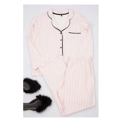 Trendyol Curve Pink Striped Shirt Collar Piping Knitted Pajama Set