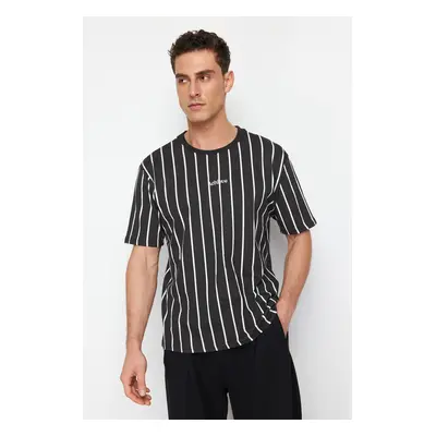 Trendyol Black Oversize/Wide Cut Striped 100% Cotton T-Shirt