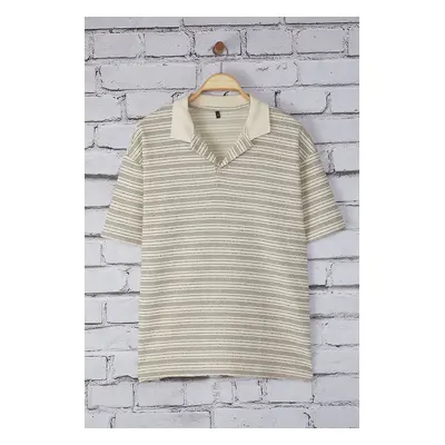 Trendyol Unisex Stone Oversize/Wide Cut Striped Polo Neck T-shirt