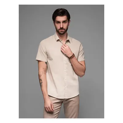 Ombre Men's short sleeve shirt with Cuban collar - dark beige