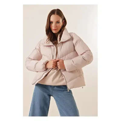 Bigdart Stand Collar Zippered Puffer Jacket - Beige