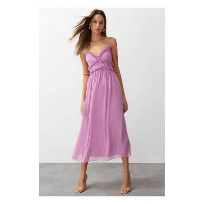 Trendyol Fuchsia Floral Print A-Cut Ruffle Detailed Lined Chiffon Maxi Woven Dress