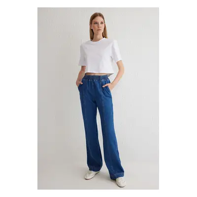 Trendyol Blue Stitch Detailed Elastic Waist High Waist Wide Leg Jeans