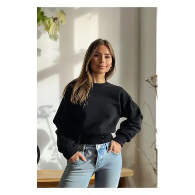 Trendyol Black Snap Fastener Relaxed Crop Thick Knitted Sweatshirt