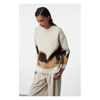 Trendyol Beige Oversized Soft Texture Color Block Crew Neck Knit Sweater