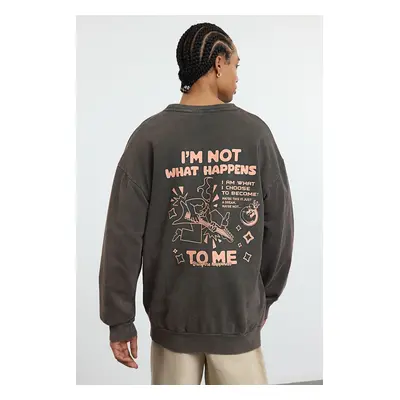 Trendyol Brown Oversize/Wide Cut Wash/Aged Effect Front and Back Printed Sweatshirt