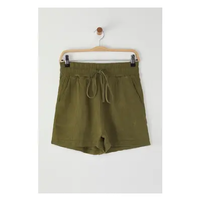 Trendyol Khaki 100% Linen Elastic Waist High Waist Shorts