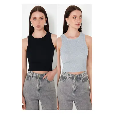 Trendyol Black-Grey Melange Pack Fitted Crop Halter Neck Ribbed Flexible Knitted Undershirt