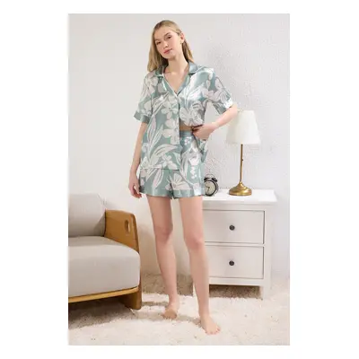 Trendyol Mint Floral Satin Shorts Woven Pajama Set