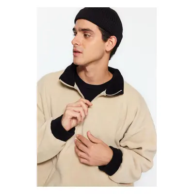 Trendyol Beige Oversize/Wide Cut Half Zipper Stand Collar Anti-pilling Fleece Sweatshirt